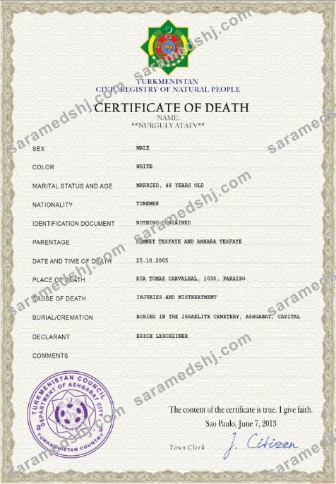 Turkmenistan death certificate PSD template
